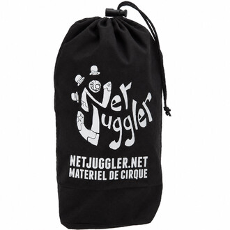 Bolsa preta de tecido NetJuggler com cordão, logotipo branco da NetJuggler ilustrado com chapéus e bolas de malabarismo, e texto NETJUGGLER.NET CIRCUS EQUIPMENT impresso na parte inferior.