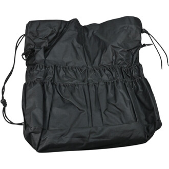 Sac à ballons noir en nylon avec cordon de serrage, poches élastiques et poche filet sur le côté.