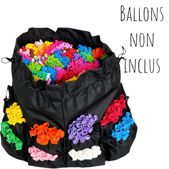 Sac à ballons noir ouvert, rempli de pièces colorées destinées aux ballons, avec l’inscription Ballons Non Inclus apparaissant sur le côté.