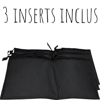 Sac à ballons noir de grande taille, haut orné de lanières noires frangées, avec le texte « 3 inserts inclus » en arrière-plan.