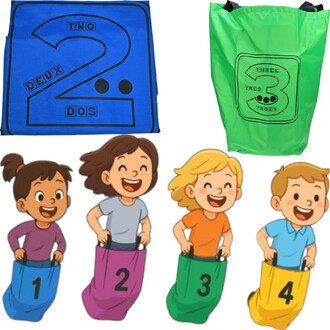 Sacs à sauter numérotés avec un sac bleu portant le chiffre 2 en noir et le mot DEUX, un sac vert avec le chiffre 3, et des illustrations de quatre enfants souriants portant des sacs colorés numérotés de 1 à 4.