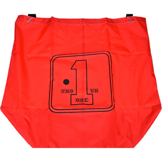 Sac à sauter numéroté en plastique rouge, avec le chiffre noir 1 au centre, et les mots UNO, UN, ONE en dessous.