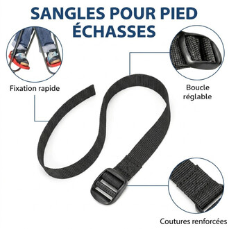 Sangle pour pied Actoy noire en nylon avec boucle réglable, fixation rapide et coutures renforcées pour fixer le pied sur des échasses.
