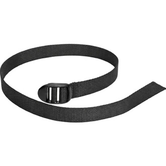Sangle pied noire en nylon réglable avec boucle métallique argentée.
