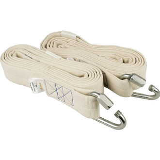 Deux sangles aériennes en coton couleur crème Prodigy, avec crochets en métal argenté et étiquette Prodigy, enroulées l’une à côté de l’autre.