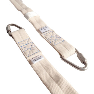 Paire de sangles aériennes en coton Prodigy couleur naturelle avec mousquetons en métal et coutures bleues en motif croisé.
