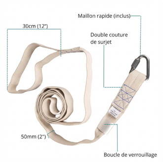 Sangles aériennes en coton Prodigy beige avec mousqueton métallique et boucle de verrouillage, longueur 30 cm et largeur 50 mm, couture double surjet, maillon rapide inclus.