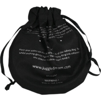 Sac noir à cordons avec impression blanche affichant l’URL www.juggledream.com et l’avertissement « This is not a toy », packaging du produit Sculpture Kinétique Version Anodisée.