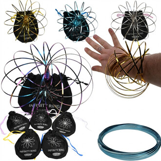 Sculpture cinétique anodisée composée d’anneaux métalliques dorés, bleus et argentés enroulés autour d’un sac noir, avec plusieurs sacs de rangement et une bobine d’anneaux.