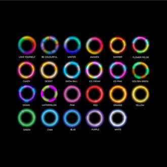 Set de 3 Balles LED Lumi Pro - Trois cercles lumineux colorés avec des noms de thèmes en dessous. Les cercles affichent des motifs lumineux variés comme LOVE YOURSELF, WINTER, SUMMER, et d'autres. Fond noir.