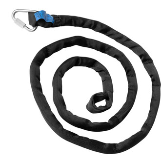 Corda de malabarismo Smart Rope preta enrolada em espiral, com mosquetão de aço inoxidável e etiqueta azul, sobre fundo branco.