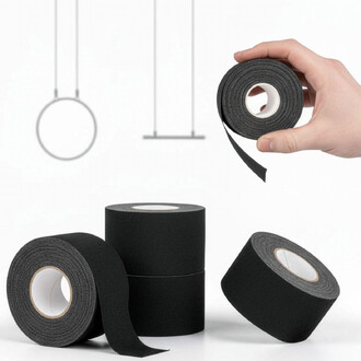 Rouleaux de tape noir Snake Tape Premium - Prodigy, avec une main tenant un rouleau déroulant une bande, sur un fond minimaliste avec des anneaux de jonglerie suspendus en arrière-plan.
