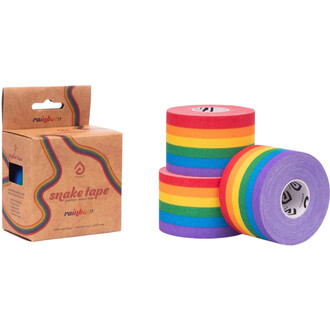 Snake Tape Prodigy Rainbow kraft cardboard box with rainbow pattern and three stacked rolls of rainbow-colored juggling tape