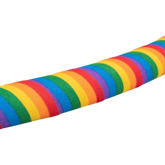 Snake Tape Prodigy Rainbow adhesive sleeve with multicolored rainbow stripes, spirally wound on a juggling stick.
