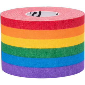 Snake Tape Prodigy roll of rainbow-colored adhesive tape, with horizontal stripes of red, orange, yellow, green, blue and purple.