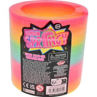 Image d'un ressort coloré Rainbow Springy de taille moyenne, présenté dans un tube. Le ressort est composé de plusieurs couleurs vives : rose, orange, jaune, vert et bleu. L'étiquette mentionne RAINBOW SPRINGY et des avertissements concernant des petits m