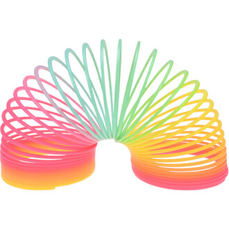 Un ressort coloré en arc-en-ciel, formant une spirale, avec des teintes de rose, jaune, vert et bleu, présenté dans une position dynamique.
