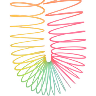 Trouvez une spirale en plastique colorée, avec des dégradés de jaune, vert, rose et orange, formant des cercles concentriques sur fond blanc.