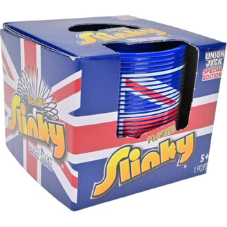 Boîte de Slinky en édition spéciale Union Jack, montrant un design coloré avec des rayures rouges, blanches et bleues. La boîte est ornée du drapeau britannique et comporte des inscriptions Plastic Slinky et Union Jack Special Edition.