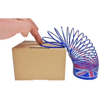 Un doigt effleure le dessus d'une petite boîte en carton, à côté d'un ressort coloré en bleu avec des motifs du drapeau britannique.