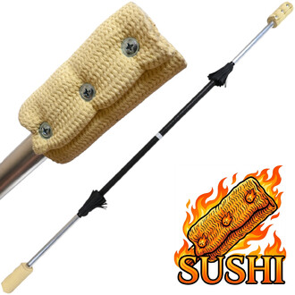Staff Contact avec Fleurs Amovibles, avec une poignée en tissu jaune et un bâton en aluminium. Le produit présente une base noire et un embout en mousse. Un logo SUSHI avec une illustration de sushi en feu est visible à côté du staff.