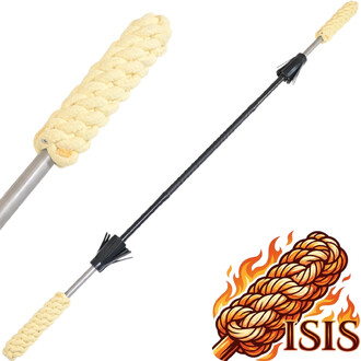 Staff Feu Fleurs de 152 cm avec des poignées en corde tressée de couleur claire, une tige noire en métal et un embout constitué de plusieurs pointes. Logo ISIS avec des flammes stylisées est présent sur l'image.