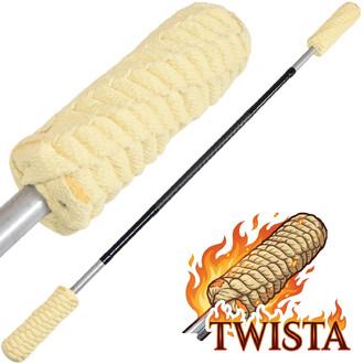 Staff de feu Twista de 140 cm avec une tige en métal noir et des poignées en corde beige tressée, conçu pour les performances de jonglerie enflammées. Un logo enflammé avec l'image stylisée du produit est également présent dans l'angle inférieur droit.