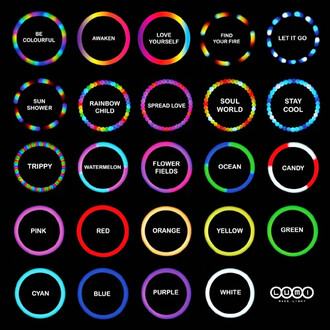 Image présentant une série de cercles colorés sur fond noir, chacun avec un mot ou une phrase inspirante au centre. Les cercles affichent des couleurs vives et variées, tels que : BE COLOURFUL, AWAKEN, LOVE YOURSELF, SUN SHOWER, RAINBOW CHILD, STAY COOL,