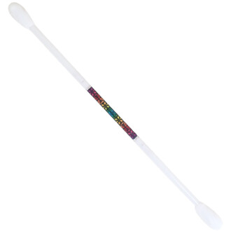 Staff de jonglerie rechargeable Lumi Pro, de couleur blanche avec des embouts arrondis. Au centre, une décoration multicolore avec des motifs géométriques.