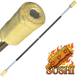 Staff feu contact avec des embouts recouverts de kevlar, monté sur une tige en métal. À droite, un motif enflammé représentant un sushi avec le texte SUSHI.