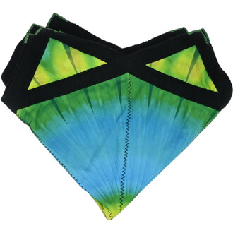 Disque Flying Star, objet volant stylé avec des motifs dégradés de bleu et vert, présentant des plis et des bordures noires.