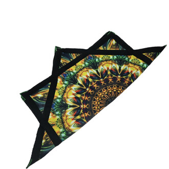 Disque Flying Star plié, présentant un motif coloré et abstrait avec des teintes de jaune, vert et noir, souligné par des bordures noires.