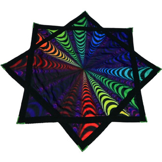 Disque Flying Star de forme étoilée, fabriqué en tissu souple avec un design coloré en dégradés de bleu, vert, jaune, orange et rouge, présentant un motif spirale hypnotique sur fond noir.