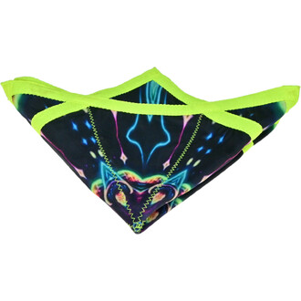 Disque Flying Star plié, avec des coutures en néon vert et un motif coloré aux motifs abstraits sur fond sombre.