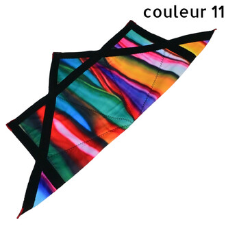Disque Flying Star, objet volant souple et coloré, tissu arc-en-ciel avec coutures zigzag et bordures noires.