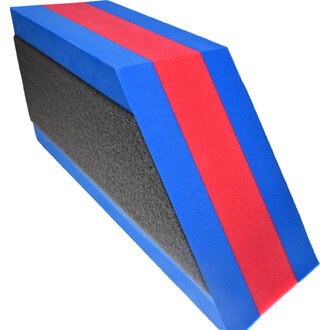 Bloc de départ pour intérieur, Sarneige, en mousse, avec des bandes colorées bleues et rouges sur le dessus et une partie en mousse noire sur le côté.