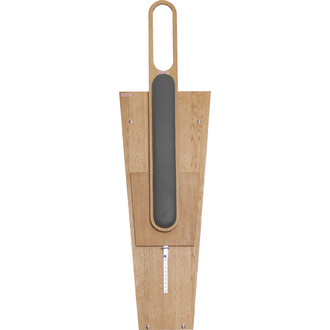 Support de jonglerie en bois avec une surface en mousse grise au centre, conçu pour la pratique de la jonglerie. Il possède une poignée en forme d'anneau en haut et une base large, avec un guide de mesure.