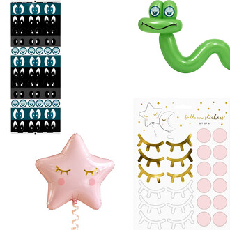 Sheet of assorted eye stickers (blue and black eyes) for decoration, accompanied by a pink star balloon and gold eyelash stickers.