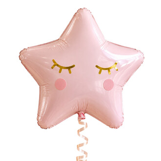 Ballon en forme d'étoile rose pastel avec yeux fermés et cils dorés et joues roses.