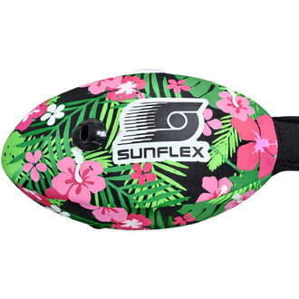 Disque de jonglage Speed Piper Sunflex au motif tropical vert avec fleurs roses, valve d’air noire et logo Sunflex blanc.