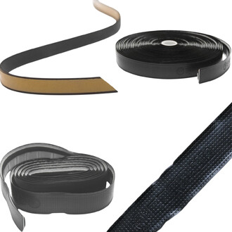 Ensemble de grips Super Grip Gora : bandes noires perforées et rouleaux de ruban adhésif, avec face adhésive beige et surface texturée pour une prise renforcée sur les accessoires de jonglerie.