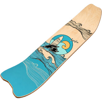 Planche d'équilibre Surfline Balance Board F2 en bois naturel avec motif artistique de vagues turquoise et noir, et un cercle bleu contenant une planche de surf stylisée.