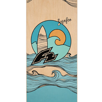Planche d’équilibre Surfline Balance Board F2 en bois avec illustration circulaire bleu turquoise montrant une vague et un soleil orange, motifs marins noirs.