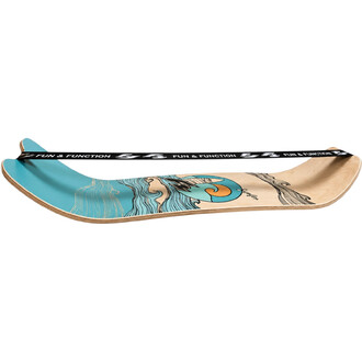 Surfline Balance Board F2 – planche d’équilibre en bois naturel avec surface turquoise et motif de vagues, sangle noire imprimée « FUN & FUNCTION » posée sur le dessus.