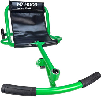 Swing Roller My Hood: telaio in metallo verde con sedile e schienale imbottiti neri, manubrio e manopole neri, ruota a vista.