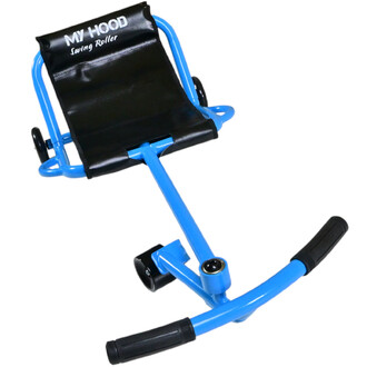 Seggiolino da giocoleria Swing Roller Maxi, con struttura in metallo blu e cuscino nero per il massimo comfort, dotato di ruote e manubrio.