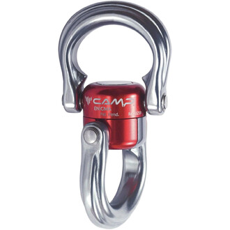 Swivel Enigma Camp rouge avec anneau argenté, gros plan sur le mécanisme pivotant.