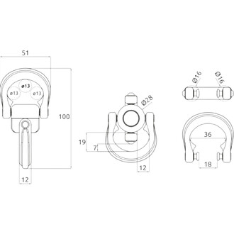 Plan technique du Swivel Enigma Camp: vues de face, dessus et côté avec cotes en millimètres et diamètres Ø13, Ø16, Ø28 et Ø36.
