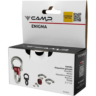 Boîte d’emballage Swivel Enigma Camp, fond blanc avec le logo CAMP et ENIGMA, bande rouge, badge jaune « A MESSAGE FOR YOU », QR code, et images des composants et pivots métalliques sur l’avant.