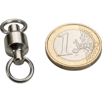 Pivot tournant en acier inoxydable avec anneau, posé à côté d'une pièce de 1 euro pour l’échelle.